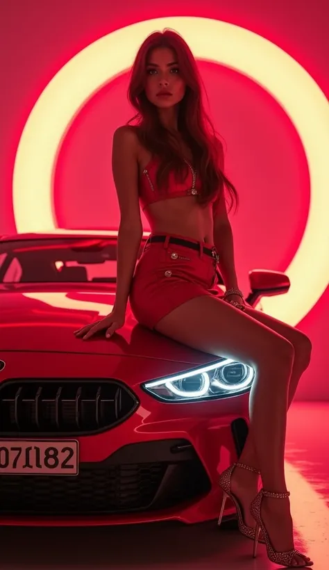 (accurately spelled also add  text in background " kshitij_00001 "), photorealistic, vibrant poppy colors, striking neon background, Turkish girls, seated on glossy POPPY golden FERRAI NEW MODEL and urus luxury cars, eye-catching design, dynamic compositio...