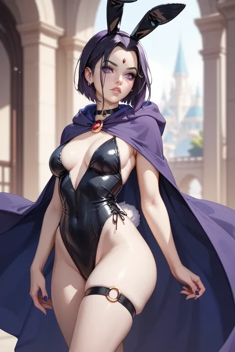 [Raven(Teen Titans), (appearance: white skin, short black hair, big thighs, big butt, slim toned waist)(clothes: black swimsuit, purple hooded cape, bunny girl, bare legs)]