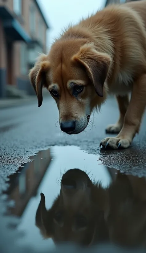 A close-up of the man, now transformed into a dog, looking at his reflection in a puddle on the street. His face is shocked and confused. The reflection shows a scruffy, stray dog similar to the one he used to kick. The street is wet, and the environment l...