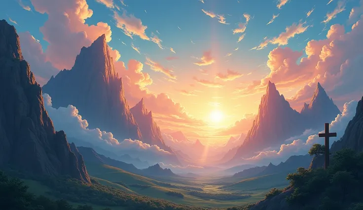 Akira toriyama style, sunrise mountain and valleys, clouds, landscape, christian symbols. celestial blue and orange, cinematic. high detail. 8k. masterpiece