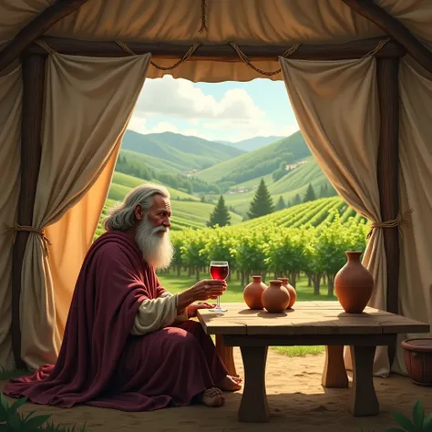 Generate a beautiful conceptual art style illustration for me. Imagine the biblical scene of Noah. Noah, he is under a small tent made of wooden beams and a roof made of cloth and straw. In the store there is a wooden table with clay vases, Noah with a cla...