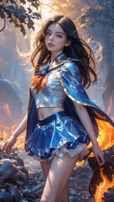 8k, masterpiece, 1 girl, beautiful face, very long hair, light makeup, (glossy skin:1.5), detailed eyes, detailed lips, small bust, short clothing, blowing wind, ((blue clothing)), ((fantasy petticoat)), ((flowing cape)), ((navel)), light clothing, (fire s...