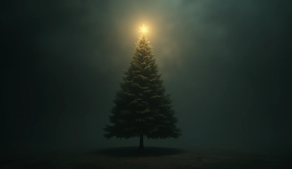 Digital 3D art,  a simple Christmas tree , surrounded by shadows, with a soft light illuminating the top of the tree ,  while the rest of the scene remains obscured ,  suggesting a tradition that hides something deeper.