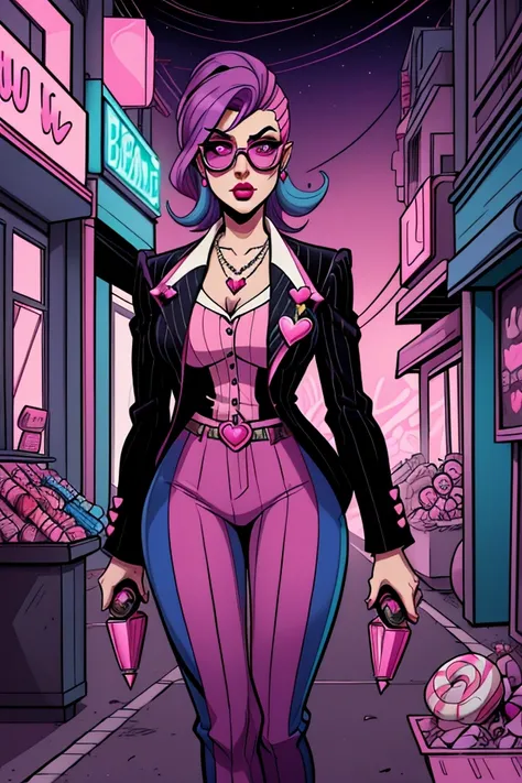  "Create a vibrant illustration of Azucarilla in a mafia-inspired style. She stands confidently in a sleek, modern outfit with pinstripe pants and a tailored jacket in shades of pink and purple, exuding elegance and power. Her short, bright blue hair is st...