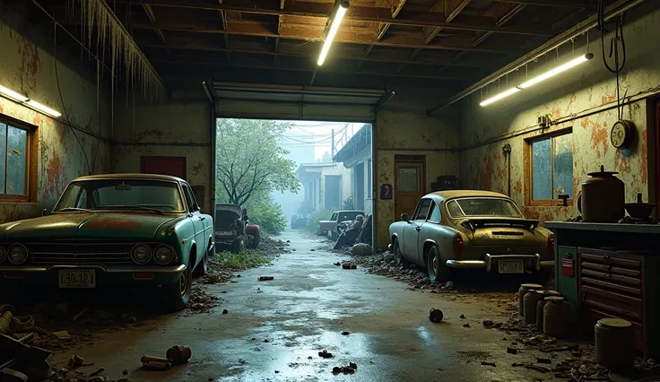 interior of an old garage, in a city