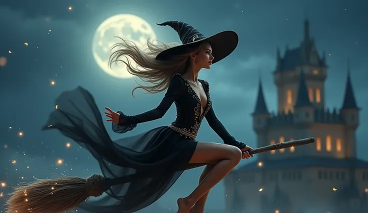 A breathtakingly beautiful and sexy sorceress gracefully posed as she rides a flying broomstick, her figure exuding elegance and confidence. She wears a sleek, form-fitting black dress with magical runic details glowing faintly in purple, emphasizing her m...