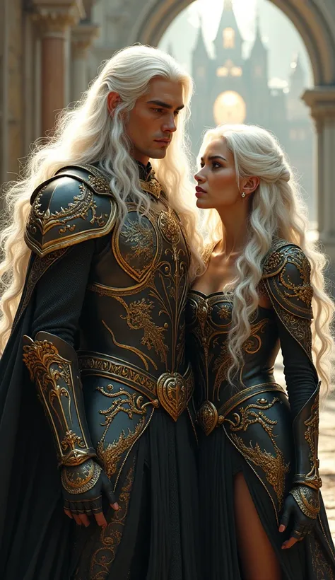 A detailed representation of a man with long shiny white hair that flows gracefully, accompanied by a woman wearing intricate black and gold armor inspired by the Knights of the Zodiac. His armor combines the majestic essence of a lion and the elegant fero...