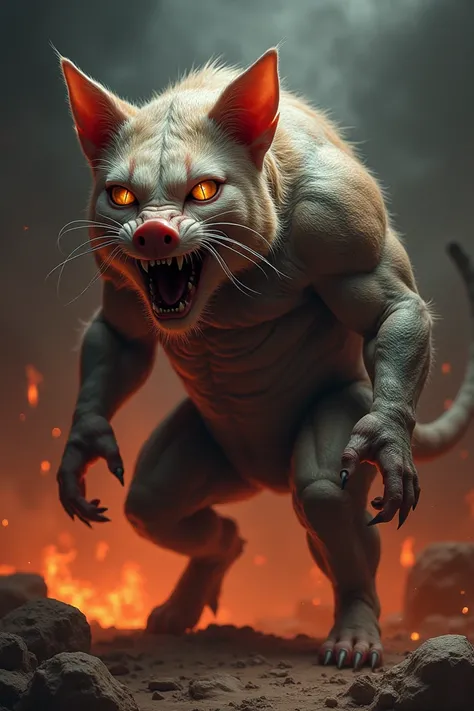 Create a hybrid creature that seamlessly combines the features of a cat and a pig, resulting in a monstrous, dangerous appearance. The creature should have the sleek, feline body structure with the muscular, stocky features of a pig. Its head should blend ...