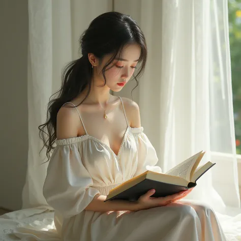 A beautiful girl sitting on a plinth and reading a book