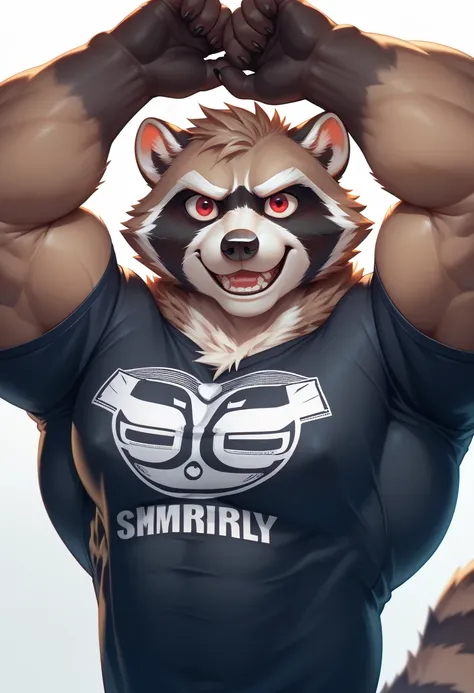 muscle raccoon, (((raccoon))), procyonid, furry, (thick, muscular, hypertrophy), ((gray fur)), (big eyes, red eyes), male, long snout, wide snout, black nose, (((focus on face))), ((massively muscular)), ((massively huge pecs)), ((very thick fur)), ((muscu...