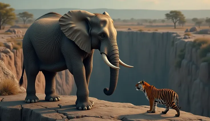 Ultra hd 4k, ""A wise, old elephant with wrinkles on his face, standing at the edge of the pit, looking down at the tiger with a calm and thoughtful expression."