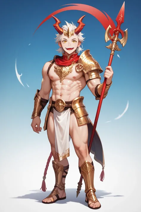 Young Chinese with handsome appearance, rounded face, sharp jaw ridges, hawkish eyes, prominent nose, mirrored mouth, fine white skin, fit light dragon armor(color:gold), gold head gear with horn, full body, white cloth, horn on shoulder, catch spear in ha...