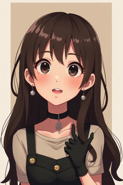 1 girl, animated,  detailed black eyes, black Gloves, Long brown hair, choker, earrings, Gloves, jewelry, Letterbox, parody,  short hair, smiling, Alone, stylized parody, 