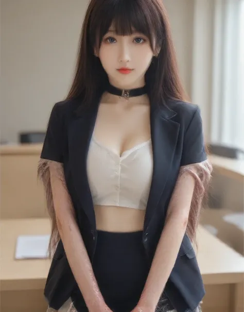  top quality、masterpiece、duo, Group photo, 若い女性が officeに立っている、Lined up photos ,  The left side is a woman wearing clothes and a woman wearing a bra on the right、female secretary、(  navy blue jacket ,  light blue shirt,  Mini Skirt), Big Breasts , ((  Layer...