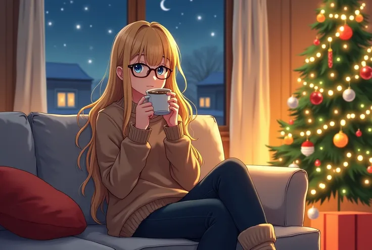 In anime style, A girl of about 25 years old, with fair skin,  with long blond hair, in glasses, in a brown sweater, in jeans, in woolen socks , without shoes,  sits on the couch , drinks coffee , in the apartment,  next to a Christmas tree , New Year,  wi...