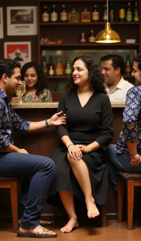 A 40-year-old woman wearing a Kerala black nun dress is sitting in a bar barefoot,with 4 men on 4 chairs at a table and having a drink. Under table one of whom rubs her deep thigh with his right hand under her dress.