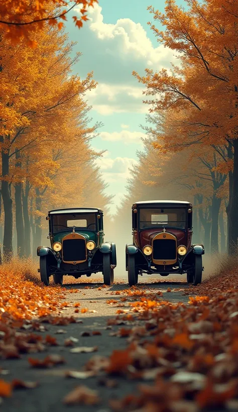 The image is a digital artwork depicting a vintage scene with two early 20th century automobiles driving through a wooded area. The cars collided. The setting is autumnal, with trees displaying vibrant orange and yellow foliage, and the ground covered in f...