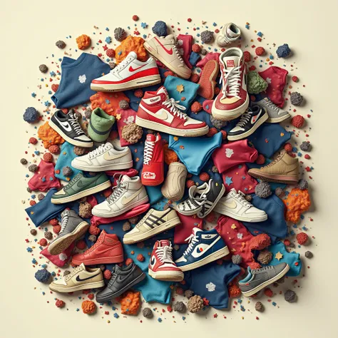 Вот улучшенный промт для генерации изображения:

“Create an image with a chaotic and cluttered arrangement of various items, including sneakers, carpets, clothing, and underwear, scattered randomly across a neutral background. The objects should overlap in...