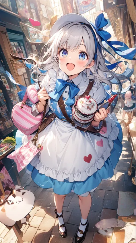 ( cute)Alice in Wonderland、 best quality 、heart、smile、beautiful、 Silver Hair、 winks(Looking up、 close one eye)、Full body、Ribbon on head( blue ribbon、Stand tall)、 Light Shines In 、beautifulな指、 Alice in Wonderland(Guide Rabbit、Mad Hatter、 cheshire cat 、heart...