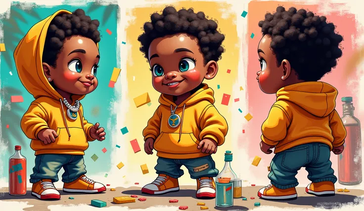 African male toddler 2d character with a huge love for bhang, can rap, is an artist , born in the 90s , dresses in a blend of urban street wear and traditional African styles . Different render angles . Illustration 