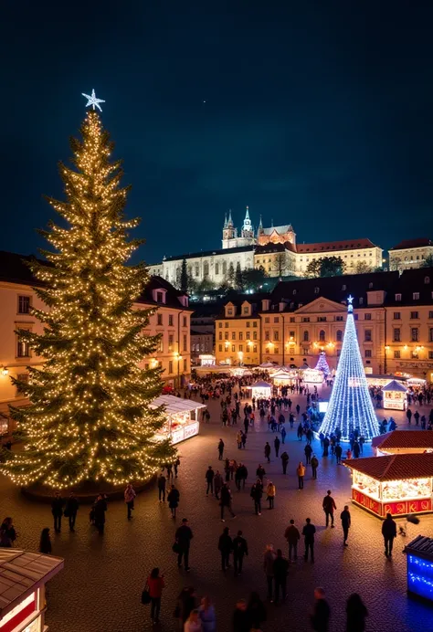  Prague at night decorated with Christmas lights ,  adorned with a giant tree with balls .  There is also a Christmas market in the main square ,  surrounded by lights of all colors . Many people walk around the square ,  amazed by the immensity and magic ...