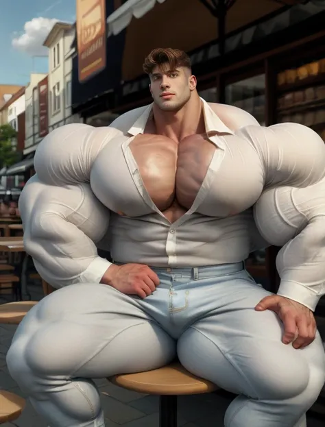 1boy, giant, solo, giant bodybuilder, illuminating light, strong body, bulk, large size, sitting at cookies shop street seat by sky, outdoor, white button shirt and pants with enormous bulge, extraordinary big, brutalmass, giant muscular body, bulk, buff, ...