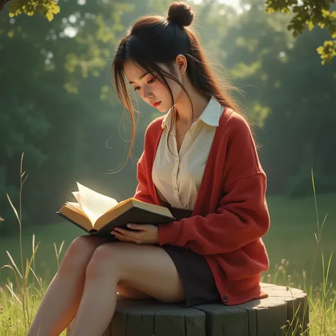 A beautiful girl wearing a blouse and  red cardigan and sitting on an outdoor plinth and reading a book, show legs the whole her body.