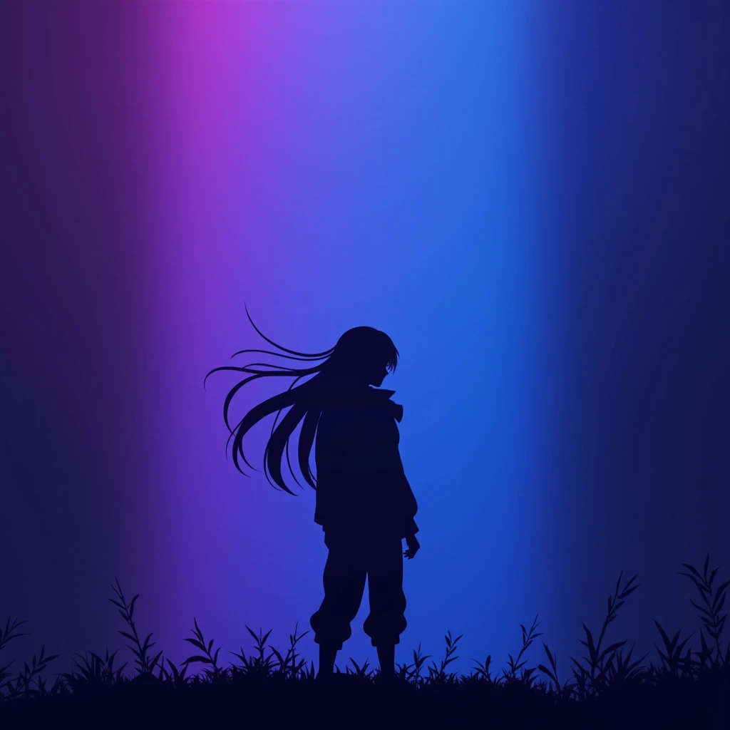 black anime silhouette with purple and blue gradient