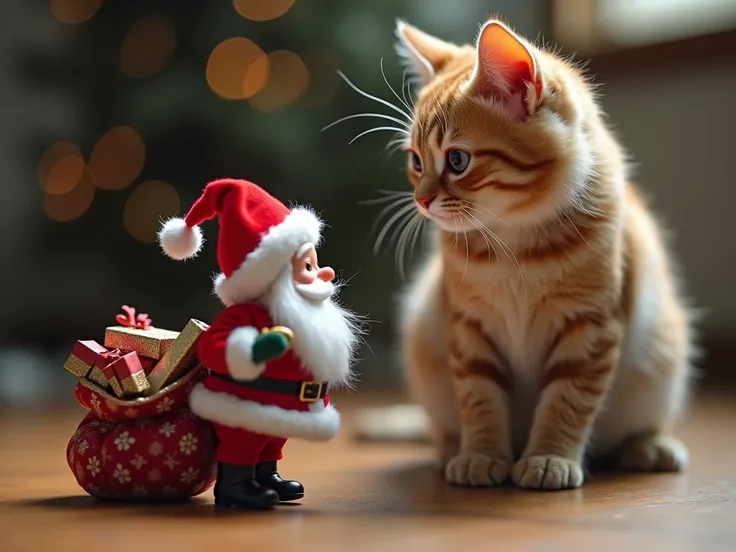 An ultra-realistic close-up shot of a curious cat intently gazing at an mini ultra-realistic human Santa Claus on a wooden table. Santa is taking gift boxes out of his bag, with tiny, detailed presents spilling out. The cat’s fur is soft and meticulously d...