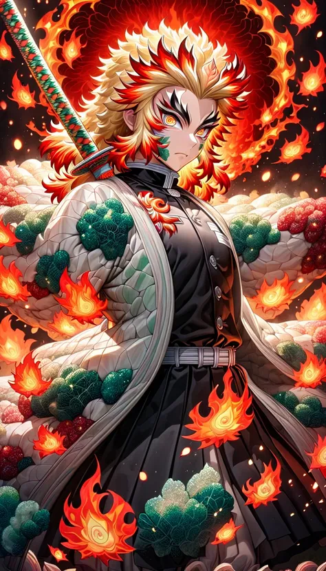 Super detailed, High resolution, Absurd, High resolution, masterpiece, Rengoku Kyojuro, Blonde, Expressive golden eyes, White Haori with a Flame Pattern, Black Demon Slayer uniform, Kimetsu no Yaiba, Fantasy, petal, Red flower, good looking, sexy man Grabb...