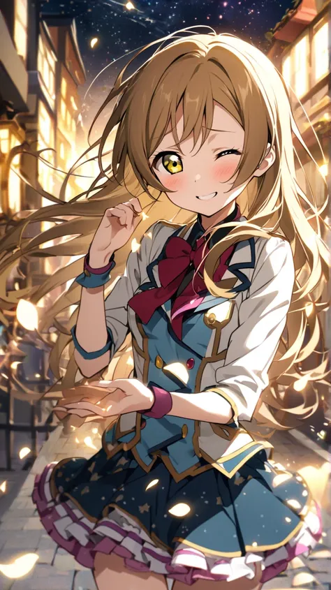 ( top quality, ),  beautiful woman、 elements、 well-groomed face from a sense of distance、 perfect finger(Beautiful hands and fingers)A confident smile、( close one eye、 winks)、 1 girl ,  long hair, solo, Petals fluttering in the wind、{{{love live! school id...