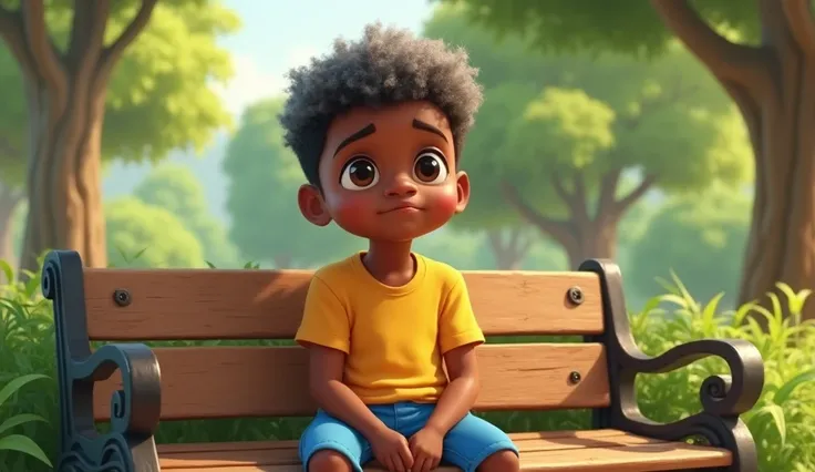 a cute african american boy  cartoon style, wearing yellow shirt and blue pent, disney pixar style, sitting on bench in very sad mood in park with his cute grey furry hairs, 