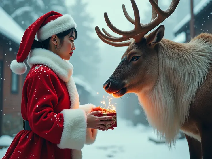 A stunning showdown unfolds as a resplendent Japanese woman, donning a striking Santa Claus costume, stands poised between a fierce anthropomorphized reindeer and a backdrop of snow-covered rooftops. The air is electric with tension as she deliberates who ...