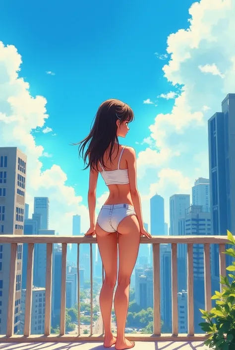 (masterpiece, best quality), 1girl, petite, teen, slim, (crop top, white panties), standing on balcony, from behind, bottom, cityscape, wide angle, blue sky, white clouds, bright sunlight, vibrant colors, watercolor