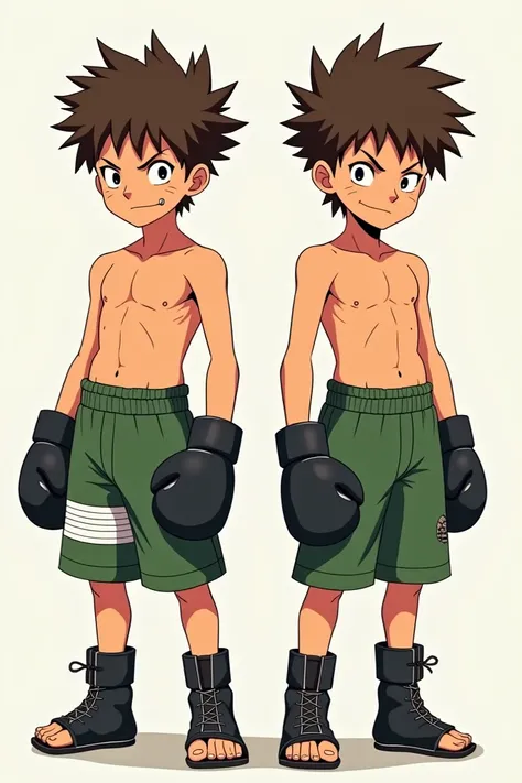 A boy ( s ) wearing green shorts  , black boxing gloves  ,shirtless and barefoot  ,  with an arrogant smile on his face  , brown hair,  with the same animation style as the original Naruto show 