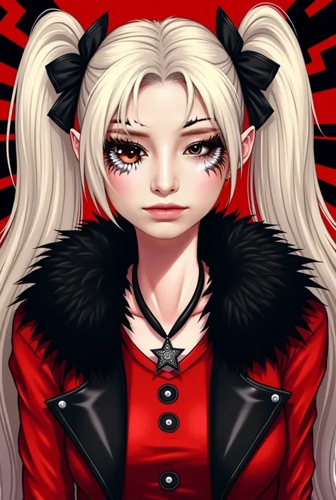 Image is a digital artwork featuring a stylized portrait of a woman with a striking appearance. She has fair skin and large, expressive eyes accentuated with bold makeup. Her hair is platinum blonde, styled into two high pigtails with black ribbons. She we...