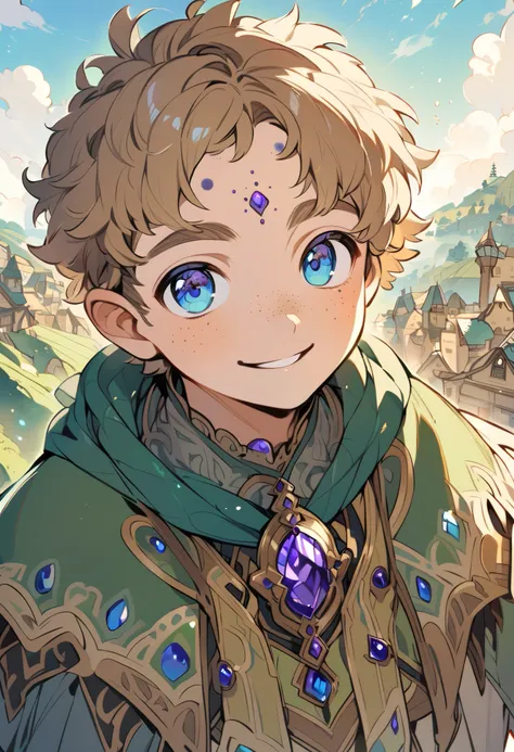 Solo boy, fantasy, short fluffy light brown hair, blue eyes, freckles, smiling, green clothes, yellow cape, village background, short, ((purple jewel on forehead))