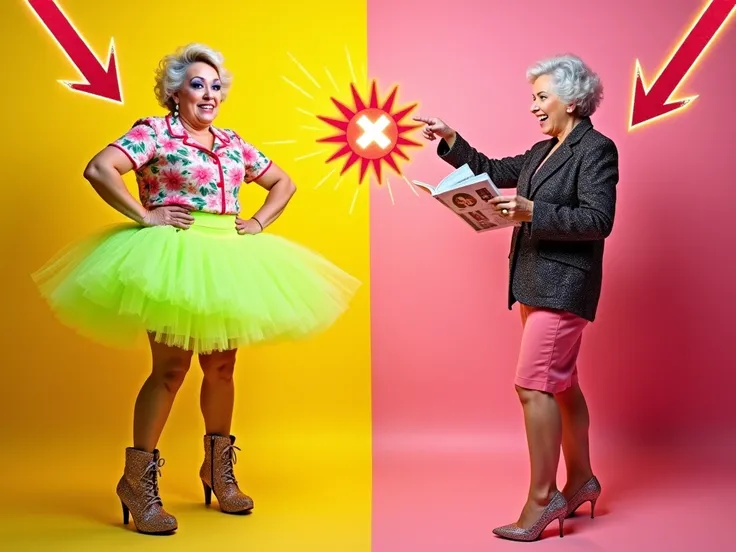 A dynamic split-screen scene showing two women (both 50+ years old). On the left, one wears a ridiculous outfit: a neon tutu skirt, oversized floral blouse, and chunky, glittery boots. She looks smug and confident, with exaggerated makeup. On the right, an...