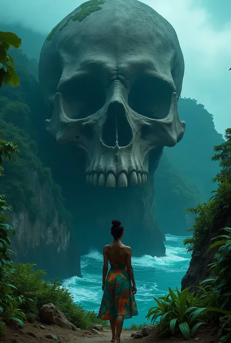 (Masterpiece, photorealistic. Professional photographer studio shot) Vibrant jungle art. In tortuga pirates island, a gigantic horrific cliff with skull shaped, covered with moss and grass. BREAK in front of the cave, looking so small, A 44dd round natural...