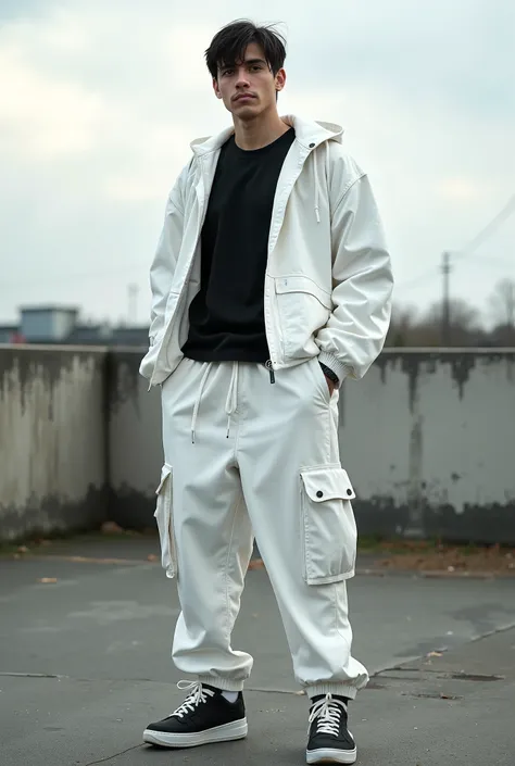 The europian man is dressed in loose white cargo pants with large drawstring pockets hanging down to the knee. He is wearing a black T-shirt and a white cropped jacket with drawstring pockets on the shoulders. His footwear consists of black sneakers with w...