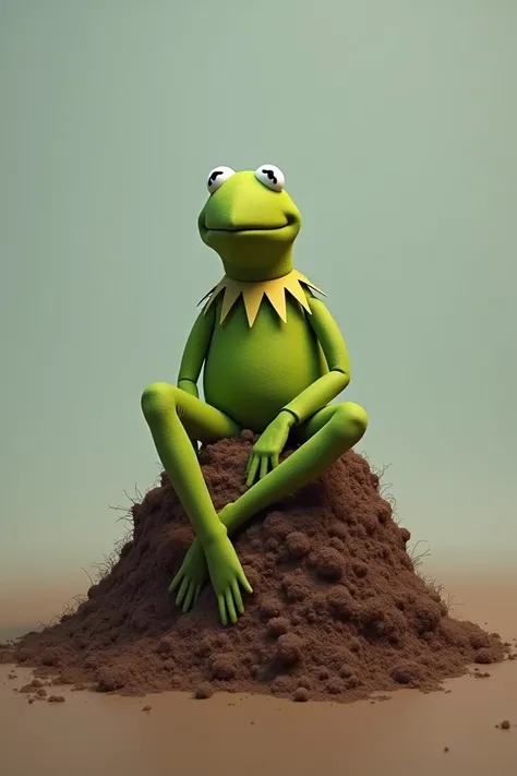 A pile of shit and kermit sits upon it