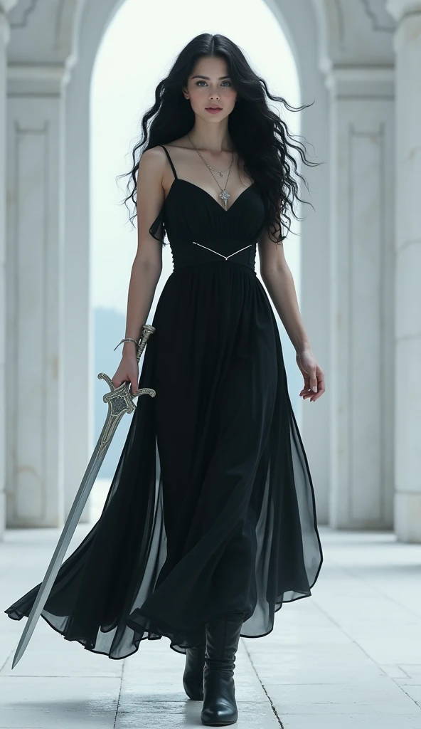  Make an image of a woman with white skin ,  voluminous black hair wavy at the ends ,  light gray eyes, You must wear a flowing black dress ,  you must hold a large silver sword firmly in your right hand, In the background there must be a giant white castl...