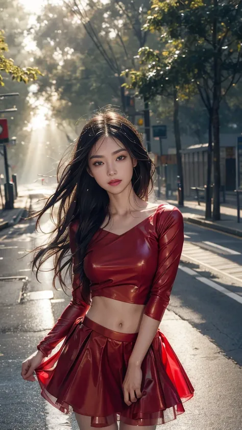 8k, masterpiece, 1 girl, beautiful face, very long hair, light makeup, (glossy skin), detailed eyes, detailed lips, small bust, simple clothing, blowing wind, ((red clothing)), ((long petticoat)), ((navel)), light clothing, ((fog)), ((at the road)), ((wet ...