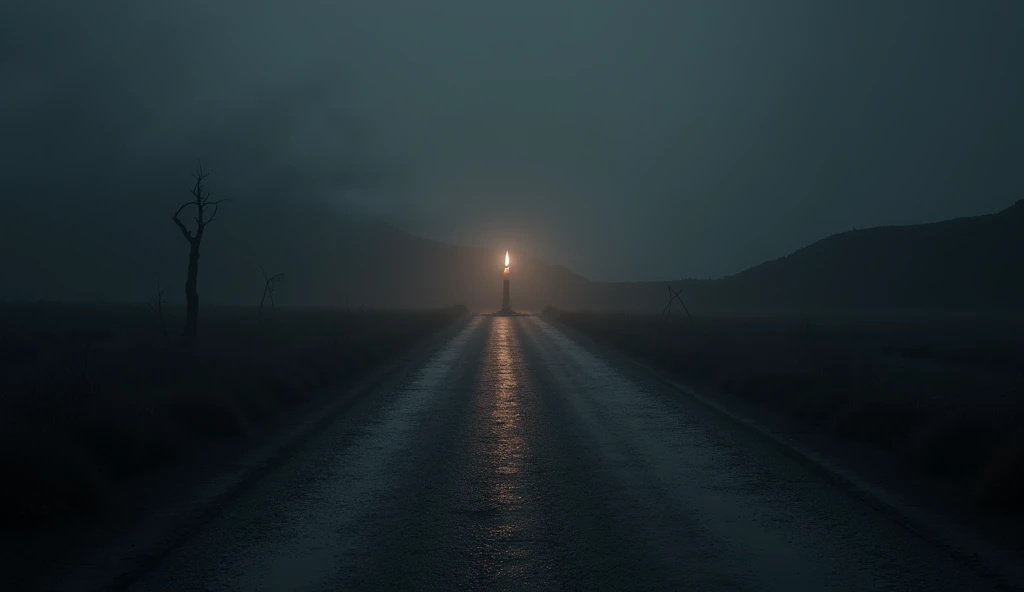 realistic digital art in 3D,  a dark and deserted road , with a single candle shining in the distance ,  symbolizing the hope that emerges in the darkness of the world.