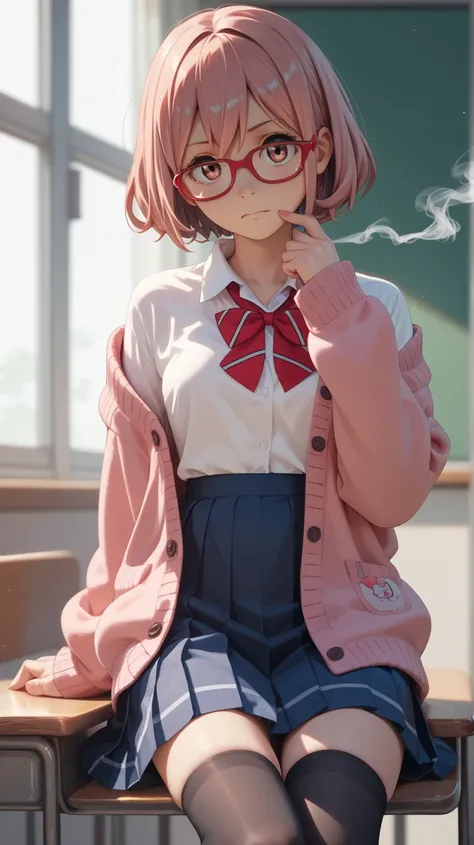 mirai kuriyama  (Kyoukai no Kanata)nude, smoky pink cardigan, black stockings, red glasses, schoolgirl uniform style,