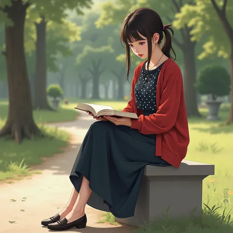 A beautiful girl wearing a blouse dark blue dot long skirt and  red jumper and sitting on an outdoor plinth 3 foot high and reading a book, show foot and the whole her body.