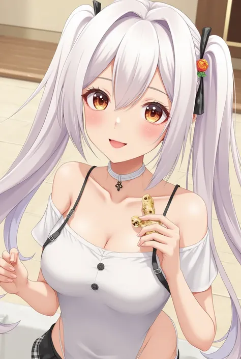 masterpiece,best quality,high quality,1girl, solo, twintails, looking at viewer, hair ribbon, holding food, shirt, hairband,upper body, bare shoulders, long hair, smile, white shirt, wrist cuffs, plaid, off-shoulder shirt, short sleeves,white hair,