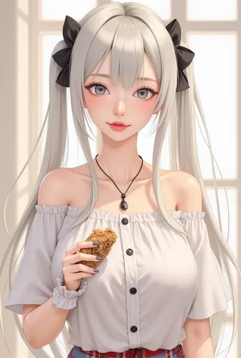 masterpiece,best quality,high quality,1girl, solo, twintails, looking at viewer, hair ribbon, holding food, shirt, hairband,upper body, bare shoulders, long hair, smile, white shirt, wrist cuffs, plaid, off-shoulder shirt, short sleeves,white hair,