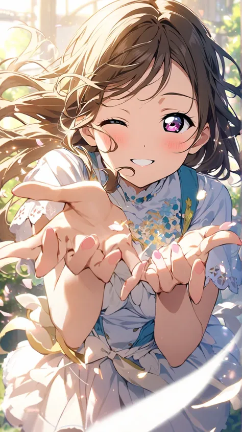 ( top quality, ),  beautiful woman、 elements、 well-groomed face from a sense of distance、 perfect finger(Beautiful hands and fingers)A confident smile、( close one eye、 winks)、 1 girl ,  long hair, solo, Petals fluttering in the wind、catalyst, love live!,Lo...