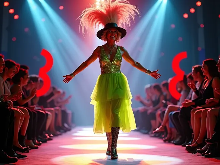 A comedic runway show where a middle-aged woman (50+ years old) confidently walks down the runway wearing a comically exaggerated outfit: a giant feathered hat, neon-green dress with sequins, and mismatched high-heeled boots. The audience in the background...